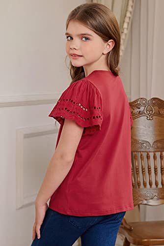 Image of blibean Girls Summer Short Sleeve Shirts Cotton Tops Size 4-15 Years Old | Kids Fashion Causal Solid Color Tee, Cute Ruffle Crewneck Basic Blouse, Flowy Clothes for Tween Teen Girl, Soft Breathable