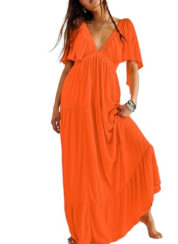 Image of Kikibell Women Summer Dresses Sexy V-Neck Maxi Dress Tiered Silhouette with Flutter Sleeve Backless Elastic Waist Flowy Dress