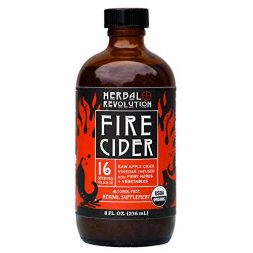 Herbal Revolution Fire Cider Apple Cider Vinegar - Certified Organic Non-GMO ACV Infused with Ginger, Horseradish, Hot Peppers, Honey, and More - Made Using Regenerative Farming Practices 8 Oz