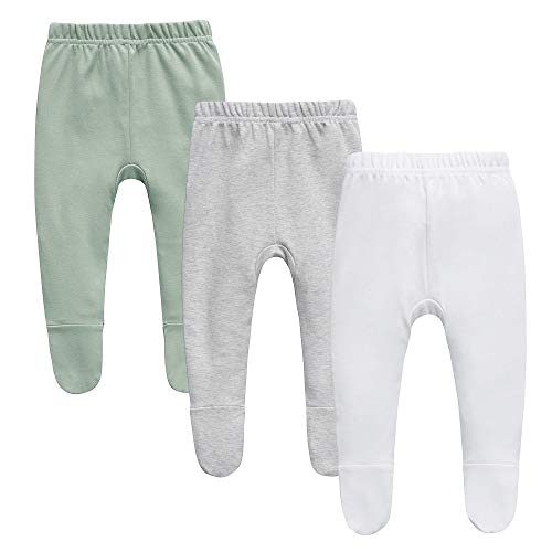 Baby Girls Pull-on Pants, Unisex Organic Cotton Jogger Pants, Toddler Leggings, 3-Pack Footed Crawling Pants(0-3 Months, Grey/White/Green)