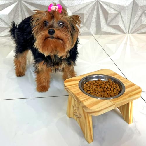 Comedouro Elevado para Cães e Gatos, Suporte em Madeira com Tigela em Aço Inox, Tamanho Pequeno