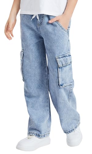 Happy Cherry Kid Boy Elastic Waist Denim Jeans Full Length Baggy Pants Wide-Leg Loose Cargo Jeans - Main Image