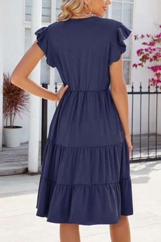 Image of Womens Summer Dress Ruffle Sleeve V Neck Midi Dresses Casual Fit Flowy Tiered Boho Beach Vacation Sundress