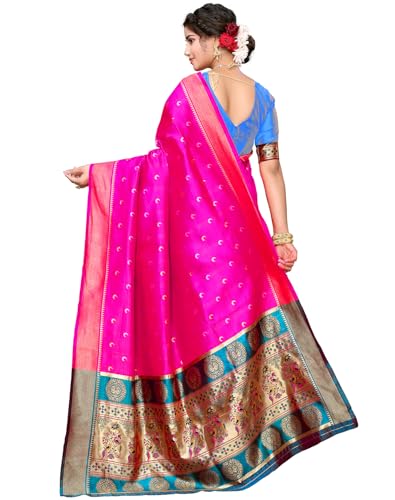 Image of Yashika Women's Cotton Silk Chandrakor Paithani Saree in Golden Zari Border, Saree with Crescent Moon Motifs and Peacock Design, Includes Unstitched Blouse Material