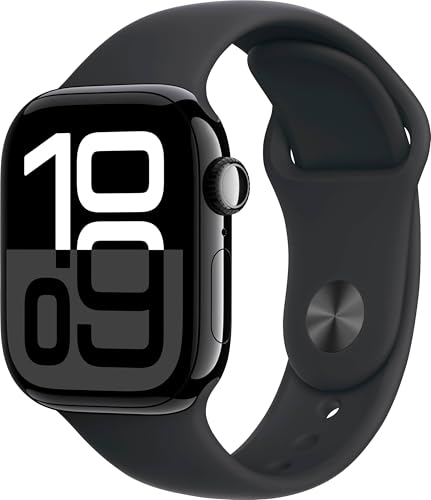 Image of Apple Watch Series 10 (GPS, 42MM) Jet Black Aluminum Case with Black Sport Band, M /L (Renewed)