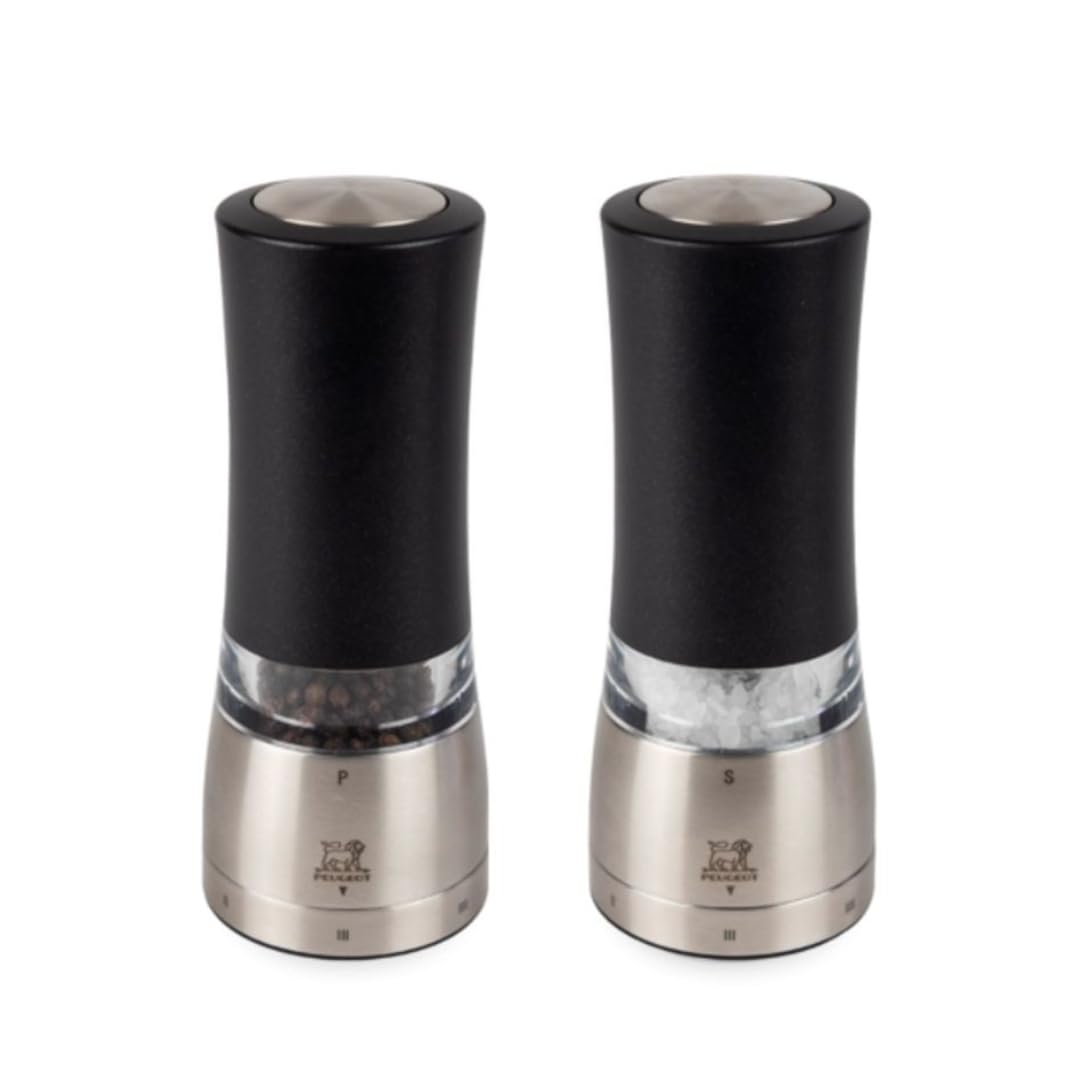 PEUGEOT - Set Daman u‘Select 16 cm (Elektrische Pfeffermühle + Salzmühle) - 6 Mahlgrade - Zirlion-Mahlwerk für pulverfeines Salz - Edelstahl - Französisches Know-how - Mit irisierend schwarzem Finish