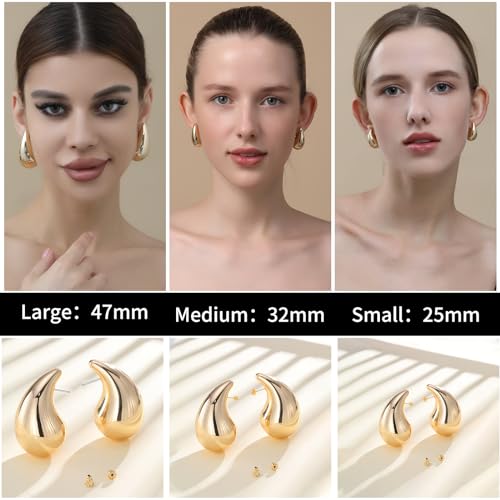 Ascona 18/25/32/47mm Chunky Gold Hoop Earrings for Women | Lightweight Tear Drop Earrings | Gold Drop Earrings for Women4
