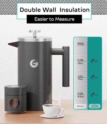Coffee Gator 304 Grade Stainless Steel French Press Coffee Maker 34 oz, Double Wall Insulated Hot Cold Brew Teapot with 4-Level Filtration System, Include Travel Jar Canister, Kitchen, Gray — view 8