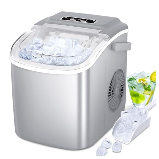 Countertop Ice Maker, Portable Ice Maker Machine with Carry Handle, Self-Cleaning Ice Makers, 9 Pellet Ice in 6 Mins, 26.5Lbs/24H with Ice Bags and Ice Scoop Basket for Home Bar Camping RV(Grey)
