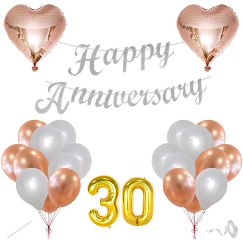 Image of Flyloons 30th Happy Anniversary Decoration Items Rose Gold White for Men Women Husband Wife Mom Dad Parent Couple Home Bedroom Car With 20 Pcs Metallic Balloons Anniversary Banner 2 Pcs Heart Set Kit