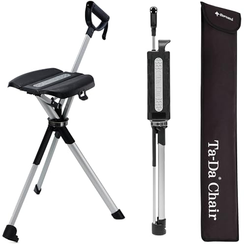Ta-Da Chair Series 2 - Walking Stick with Seat, Lightweight Aluminium Pole Frame & Sturdy Foldable Stool (up to 136kg), Easy Folding Design, Ideal for Hiking & Outdoor Activities - Black, 87cm