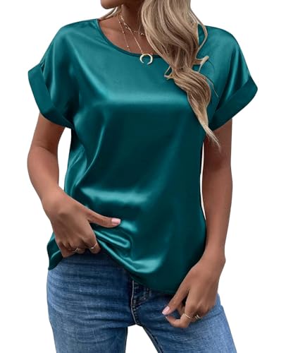 Image of MINTLIMIT Womens Short Sleeve Satin Silk Blouse Rolled Round Neck Summer Casual Office Work Shirt 2024, Dark Green