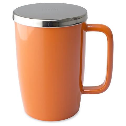FORLIFE Dew Glossy Finish Brew-In-Mug with Basket Infuser & "Mirror" Stainless Lid 18 oz., Carrot Cover