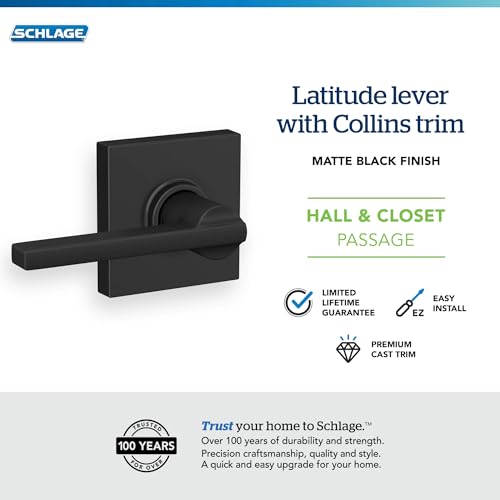 Image of Schlage Latitude Hall /Closet Passage Door Handle, Reversible, Matte Black | Hall or closet lever door handle with no lock, Easy to install, Certified durability, Universal fit