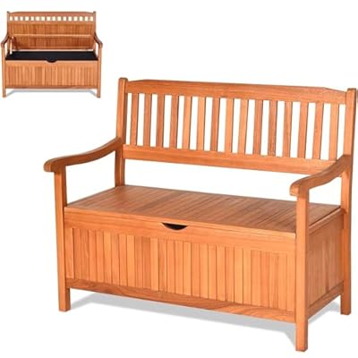 CHEFJOY 33 Gallon Outdoor Bench with Storage, Wooden Patio Deck Box with Removable Lining & Portable Handles & Backrest & Armrests, Patio Storage Bench for Porch Park Yard Backyard Balcony Poolside