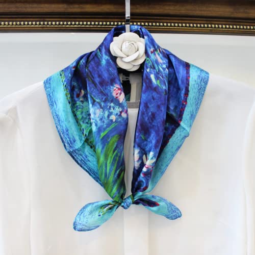 Hiquay Women's Silk Neckerchief Small Square Mulberry Silk Neck Scarf Fashion Women Scarf Classic Art Print 21"X21" (07 Monet's Water Lilies) #TOP1