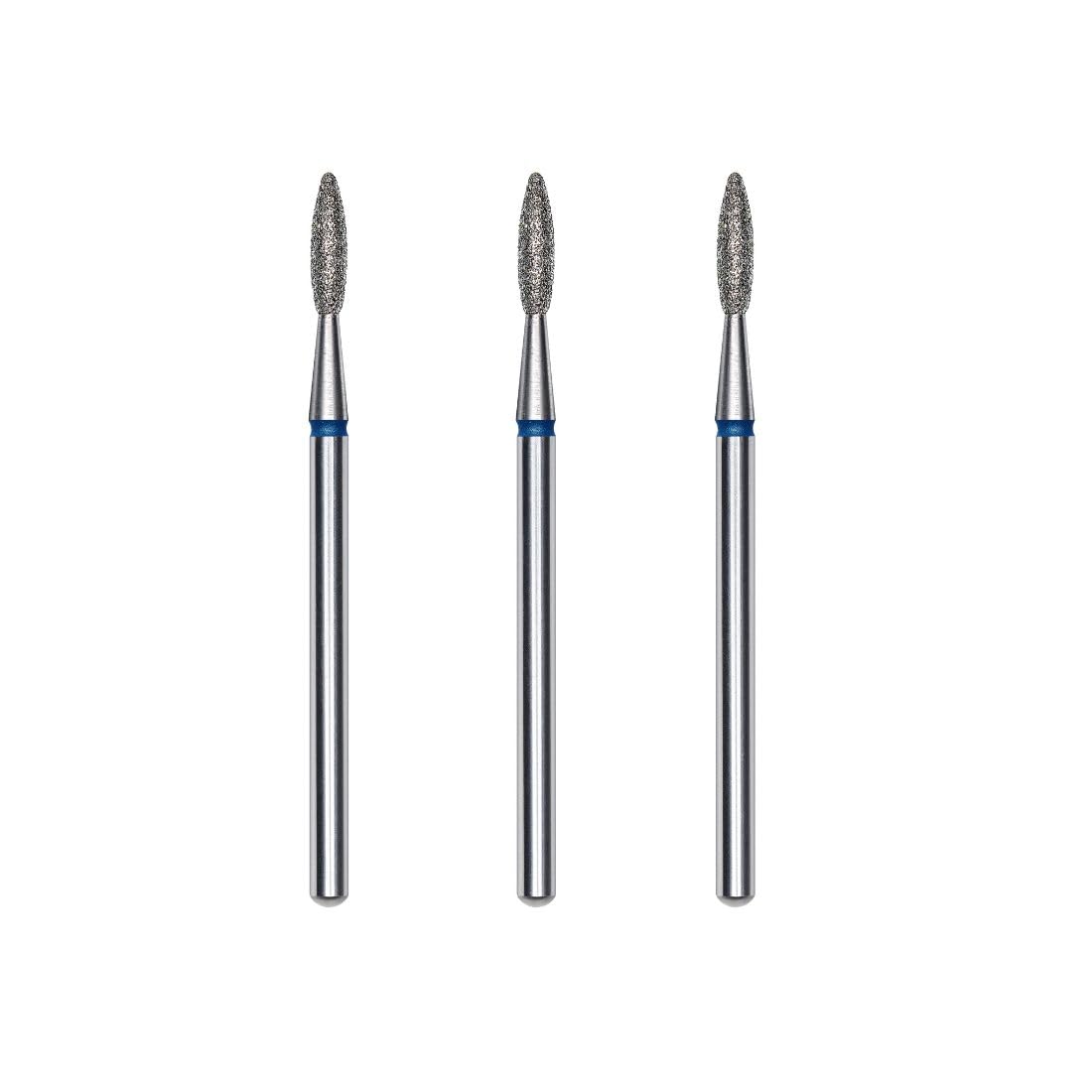 STALEKS PRO Set of 3 diamond cuticle burs, 2.1 x 0.8 mm. Rounded Flame Shape (Medium Grit), Metallic Silver, Grano Medio
