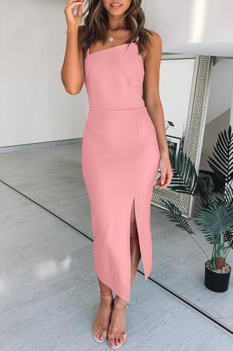 Image of OWIN Women's Adjustable Spaghetti Straps Sleeveless High Waist Split Midi Bodycon Cocktail Party Dress