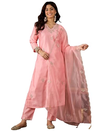 Image of VredeVogel Women's Ethnic Wear Embroidered Silk Blend Kurta Pant Set with Organza Dupatta | Festive & Casual Summer Kurti with Pants for Party Office & Ethnic Occasions