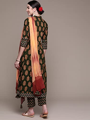 Image of anubhutee Women's Cotton Green Ethnic Motifs Printed Straight Kurta Suit Set With Palazzo And Dupatta