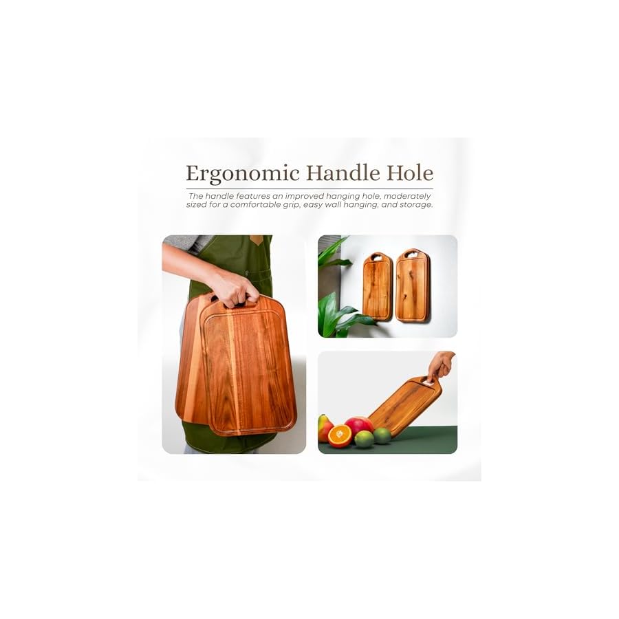 VieWood Acacia Wood Cutting Board with Juice Groove, Hanging Hole & Grip Handle for Meat, Vegetables and Cheese, Knife Friendly, Caperci Better Wood Chopping Board