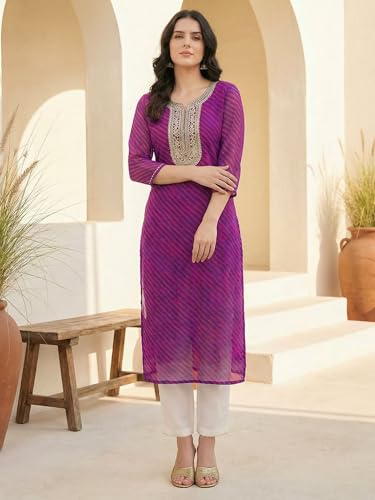 Image of INDO ERA Women's Georgette Leheriya Printed Straight Calf Length Kurtas (IEAI12232)