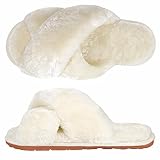 SIMIYA Womens Fluffy Slippers, Anti-Skid Faux Fur House Slippers, Warm Furry Cozy Open Toe Sliders for Girls Indoor Outdoor Shoes(Beige,UK 7/8)