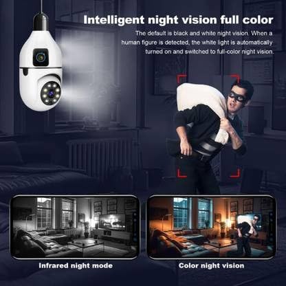 Image of 10MP (5+5MP) HD Bulb PTZ Indoor WiFi CCTV Security Camera with Dual Lens, Color Night Vision, Motion Tracking, Two-Way Audio & 128GB SD Card Support | 360 Pan Tilt Bulb Camera