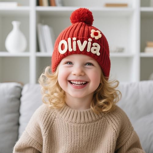 Custom Baby Beanie Hats for Kids,Personalized Embroidered Toddler Beanies Winter Hat with Name for Baby Boys Girls,Snow Play Knit Warm Beanies Kids,Birthday, Christmas,Newborn3