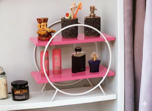 Image of 2 Tier Spice Rack Organizer for Kitchen Countertop - Metal & Wooden Masala Stand Condiments, Seasonings Multipurpose Storage Rack for Home & Kitchen Decor (Blk Brown) (Pink White)