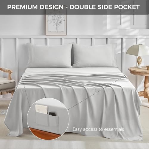 Image of Hotel Collection Queen Sheet Set - 4-Piece Ultra-Soft Microfiber, Extra Deep Pocket, Queen Size Fitted Sheet with Double Side Pockets, Cooling & Breathable, Wrinkle & Fade Resistant, Light Grey