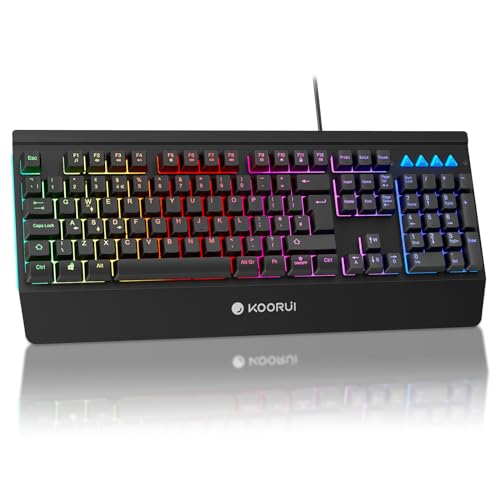 KOORUI Teclado para Juegos, 104 Teclas, retroiluminación LED, sensación mecánica, Anti-Fantasma, Impermeable, Membrana USB para Escritorio