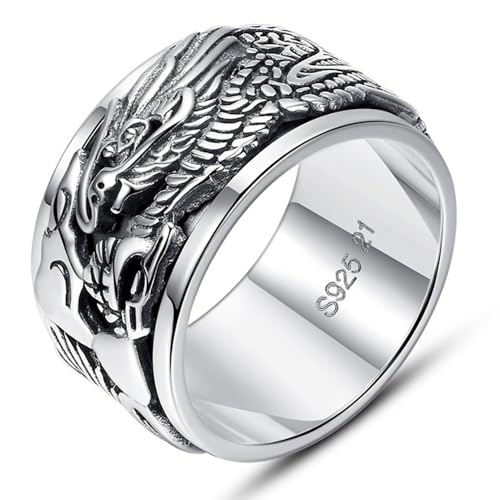 Dragon Rings, Vintage 925 Sterling Silver Feng Shui Ring, Health Wealth Protection Punk Dragon Rings for Men Women, Neo Chinese Style Lucky Amulet, Cool Biker Ring