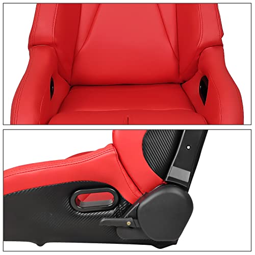 Ikon Motorsports, Universal Bucket Racing Seat Left Driver Side With Dual Slider, Red Pu Leather Reclinable #TOP3