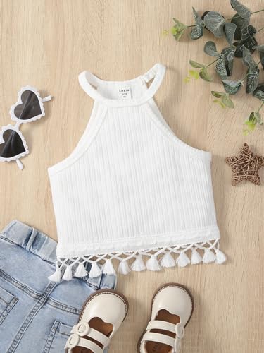 Girl's Boho Crochet Lace Trim Tank Tops Sleeveless Fringe Trim Halter Top Summer Cami Crop Tops2