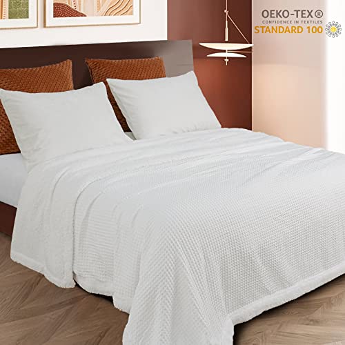 Phf Waffle Sherpa Blanket Queen Size, Luxury Warm Plush Flannel Blanket For Winter, No Shed No Pilling Cozy Soft Waffle Weave Fleece Blanket For Bed And Couch, White, 90X90 Inches #TOP2