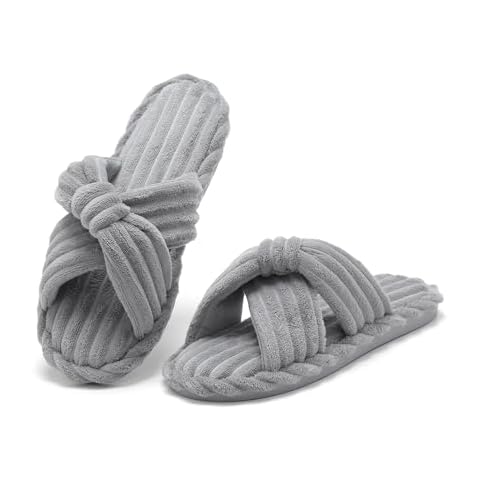 Parlovable Slippers for Women Memory Foam Slippers, Bow Cross Band Open Toe Corduroy House Shoes with Arch Support for Bedroom Spa Indoor Cozy Comfy, Grey 7-8 Cover