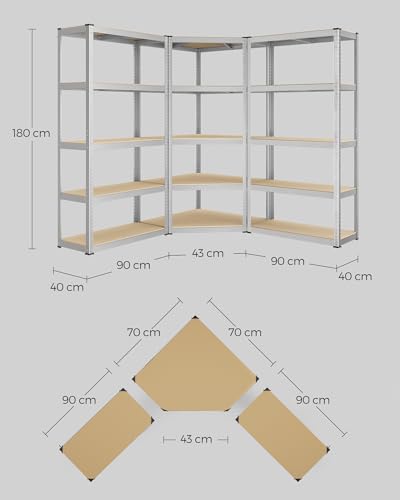 SONGMICS Set di Scaffale Angolare a 5 Ripiani, Scaffalatura ad Angolo in Acciaio per Carichi Pesanti, per Garage, Ripostiglio, Magazzino, Portante 2625 kg, Argento Pallido e Beige Naturale GLR070E03 - Immagine 2