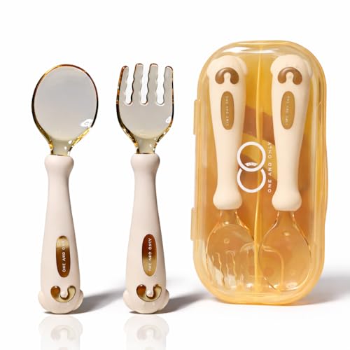 Image of Baby Spoon and Fork Set, White Silicone Toddler Cutlery Set with Easy Grip, 2 Pc, Self Feeding Utensils for Baby Meals School and Travel, Mealtime Essential. Easy to Carry for Home, School