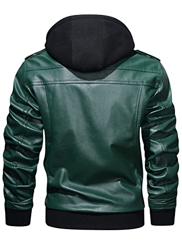 Image of HOOD CREW Men's Casual Stand Collar PU Faux Leather Zip-Up Motorcycle Bomber Jacket With a Removable Hood