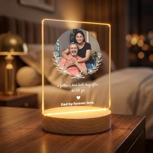 Image of Giftplease Fathers Day Personalized Rectangle Acrylic LED Frame - Custom Single Round Photo Wood Stand Tabletop Showcase with Floral Wreath Graphic For Grandpa Birthday, Dad, Stepdad