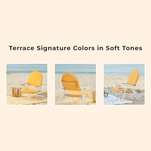 Image of Padded Low Beach Chair, 4-Position Folding Outdoor Chair with Wooden Armrests, Cushioned Seat, Storage Pouch & Carry Strap for Beach, Patio and Lawn, Harbour Mimosa