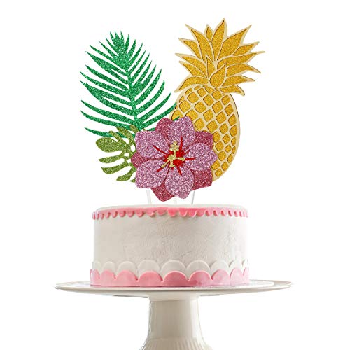 Hawaiian Cake Decorations - 3Pcs Glitter Pineapple Tropical Palm Leaves Hibiscus Flowers Cake Topper, Tropical Cake Decorations, Hawaiian Decorations,Tropical Birthday Party Decorations #TOP16