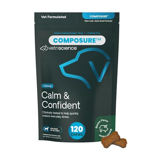 VetriScience Calm & Confident Calming Chews for Dogs, Supplement for Stress Support, Thunderstorms, Fireworks, & Travel, Bacon, Soft Chews, 120 Count - New Look