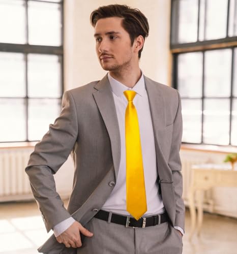 MDSTYLE Pre-Tied Necktie for Men - Solid Color Neck Tie with Adjustable Zipper - Wedding Business Formal Clip on Ties (Gold) - Thumbnail 3