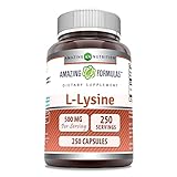 Amazing Nutrition Amazing Formulas L-Lysine - 500mg Amino Acid Vitamin Capsules - Commonly Used For Cold Sores, Shingles, Immune Support, Respiratory Health & More - 250 Vegetarian Capsules Per Bottle
