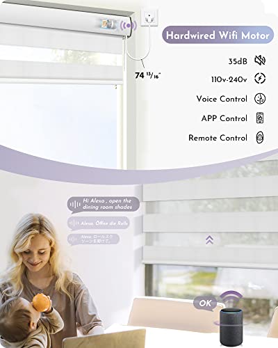 Graywind Motorized Zebra Blinds Compatible With Alexa Google Wifi Hardwired Smart Horizontal Window Blind Remote Control Light Filtering Electric Window Shades, Customized Size (Pure White) #TOP2