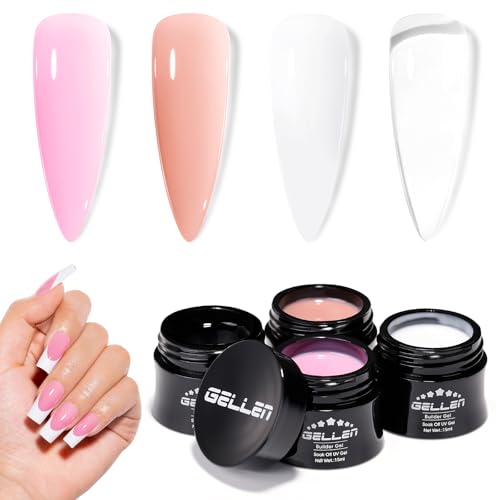 GELLEN Builder Gel Set for Nails,10 In 1 Hard Nail Extension Poly Gel Soak Off UV Polish Set 4 Colors Clear Milky White Classic Pink Nude Apex Sculpting Thickening Nails Salon Home Manicure
