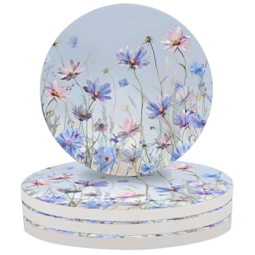 Image of Mintoprints Daisy Floral Drink Coasters for Coffee Table, Floral Spring Absorbent Ceramic Coaster Set of 2 for Kinds of Cups, Home Decor, 4 Inches