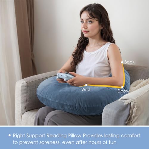 Image of QUEEN ROSE Reading Pillow, Gaming Pillow for Lap, Sitting in Bed or Sofa, Extra Arm Rest for Reading, Playing or Crocheting, Soft Velvet Blue